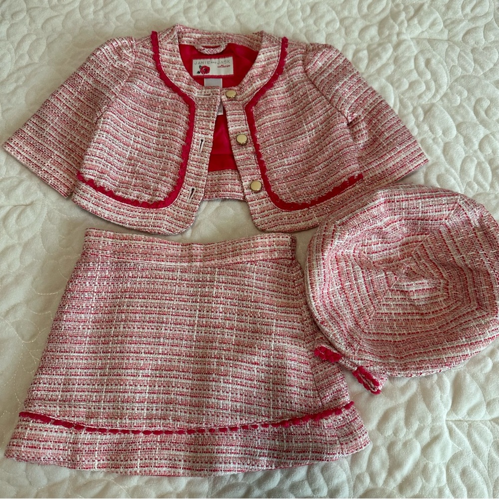 Janie and Jack Pink Tweed Jacket 12-18 months, beret is 2T-3T